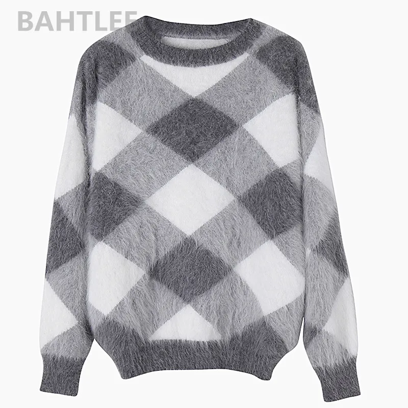 BAHTLEE-Women\'s Angora Rabbit Knitted Lantern Sleeves Pullovers, Sweater, Colorblock Diamond, Geometry Loose Style, Winter