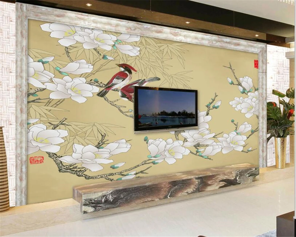 

beibehang customize living room background wallpaper hand painted bamboo magnolia flower, Flowers and birds wall paper behang