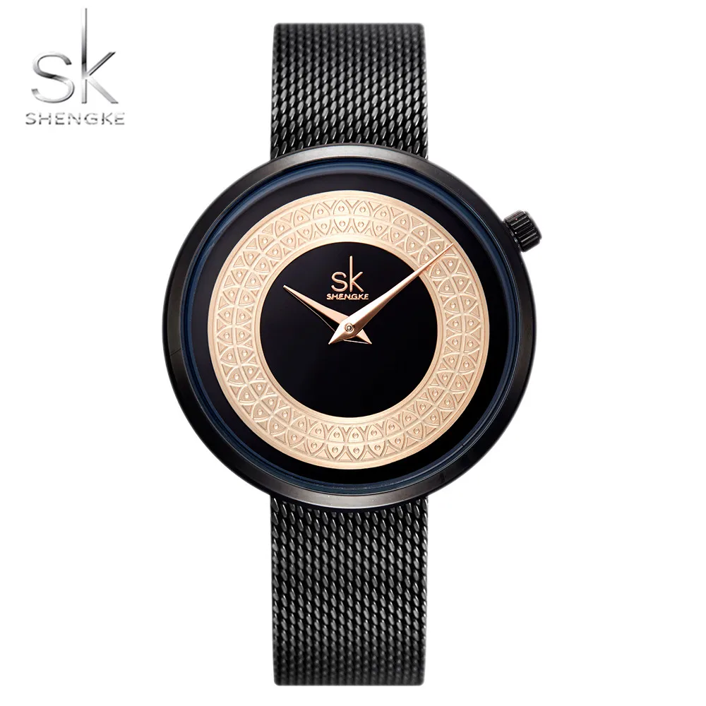 Shengke-Reloj de malla metálica para mujer, nuevo accesorio de moda, de cuarzo, clásico, de marca de lujo