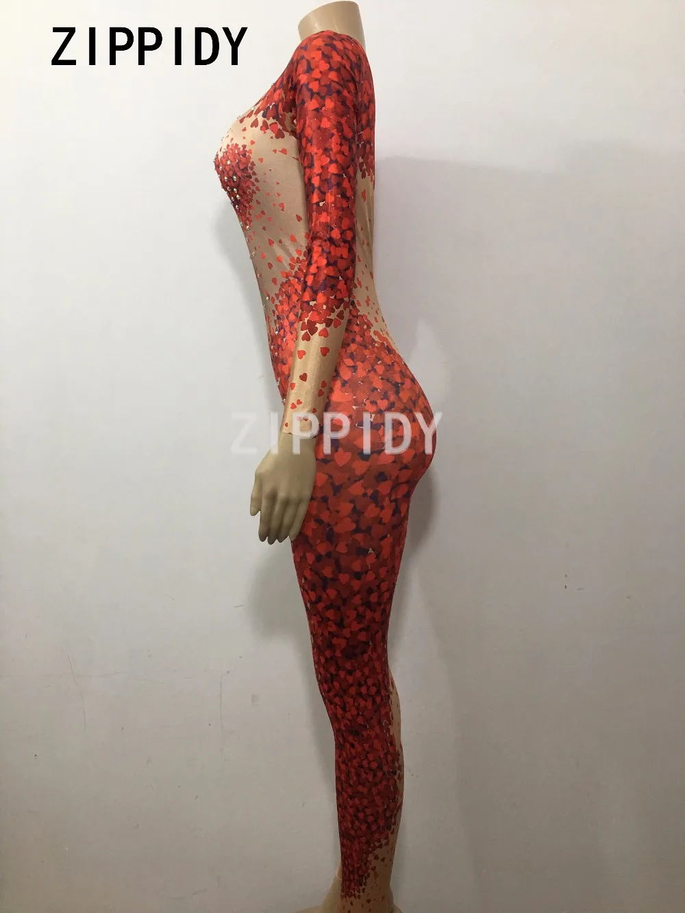 Glisten Rhinestone Red Heart Shape Pattern Jumpsuit Big Stretch One-piece Female Singer Show Nightclub Women\'s Party Prom Romper