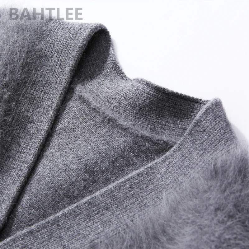 BAHTLEE-Women\'s Angora Long Cardigans, Wool Knitted Sweater, Mink Cashmere, V-Neck, Button Pocket, Thick, Keep Warm, Winter