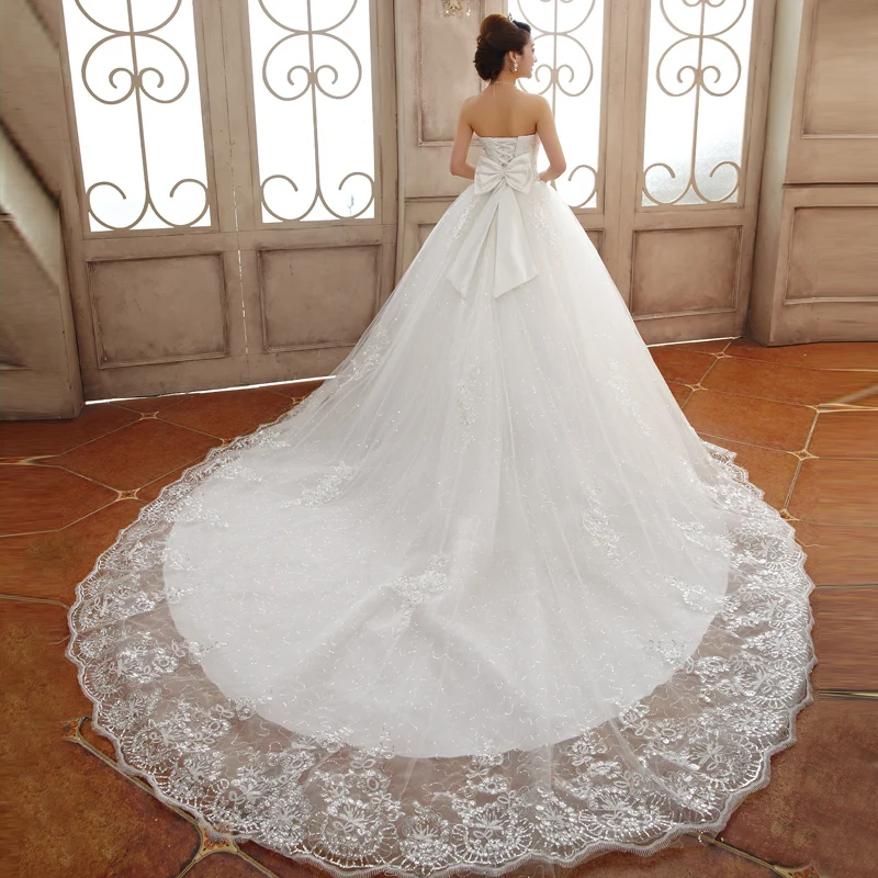 Cheap Wedding Dresses 2018 Good Quality Luxury Princess Lace Embroidery Plus Size Long Train Bow Bridal Married Bridesmaid Dress