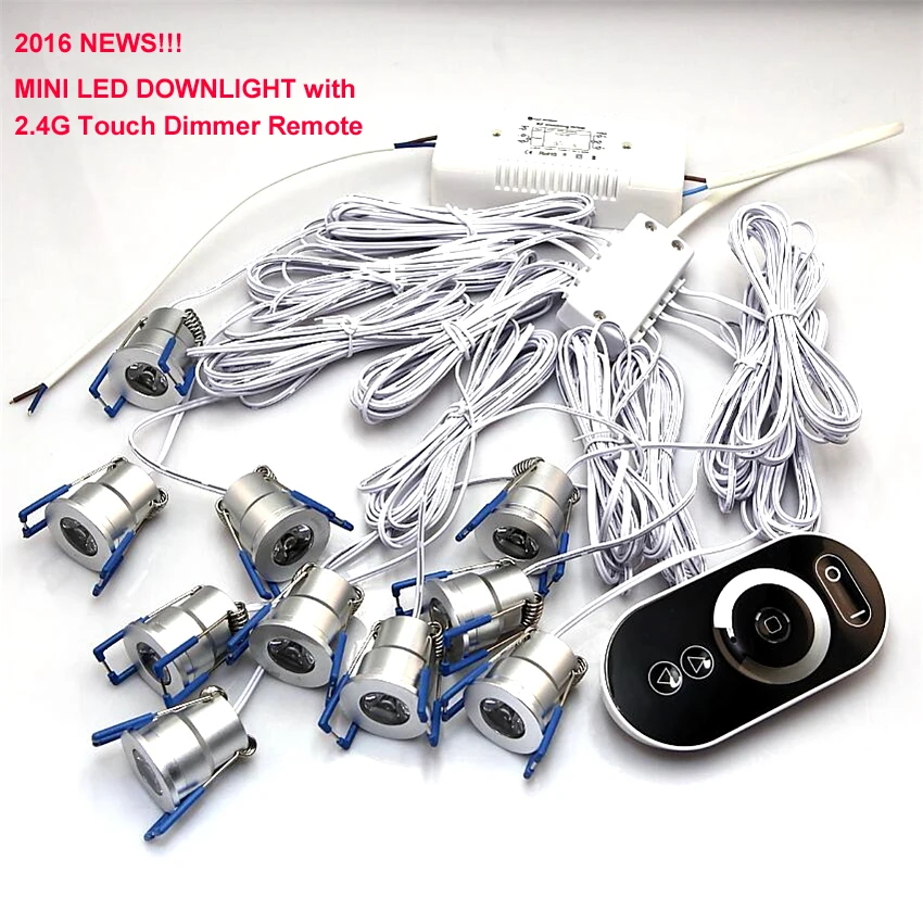 10pcs 3W LED Downlights with 2.4G LED dimming driver and Touch Dimmer Remote and 1 to10 Distributor for Cabinet Light