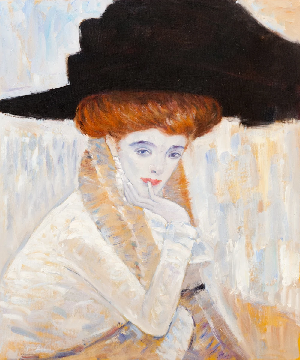 

Black Feather Hat by Gustav Klimt Oil Paintings Reproductions Classic Women Portrait Canvas Wall Art Handpainted No Framed