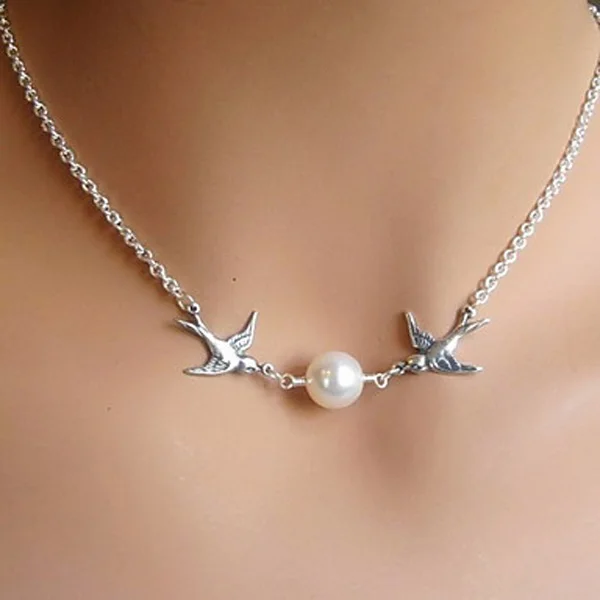 Btuamb Trendy Double Birds Simulated Pearl Necklaces for Women Collier Clavicle Chain Necklaces Pendants Femme Party Jewelry