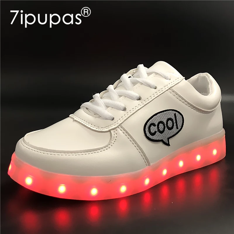 

7ipupas EUR 30-44 DIY Boys/Girls kids led shoes glowing shoes with COOL Letter Embroidery sticker USB Charger Luminous Sneaker