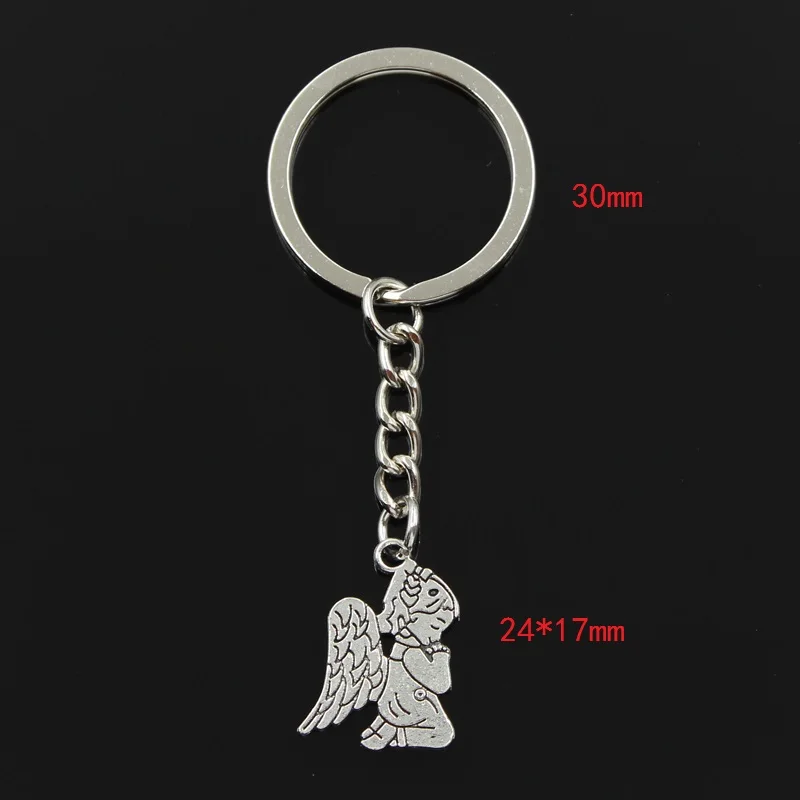 Fashion 30mm Key Ring Metal Key Chain Keychain Jewelry Antique Bronze Silver Color Plated Pray Angel 24x17mm Pendant