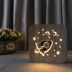 Luz de noche de madera creativa Decoración Luz Nocturna cohete USB escritorio lámpara 3D Visual dormitorio bebé niño regalo madera iluminación decorativa lampara led infantil