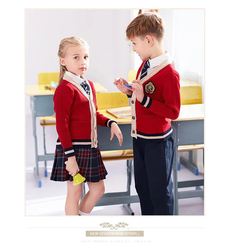 Children's School Uniform Kids Autumn Winter Knitted Cardigan Red British Sweater 4pcs School Uniform Long Sleeve D-0589