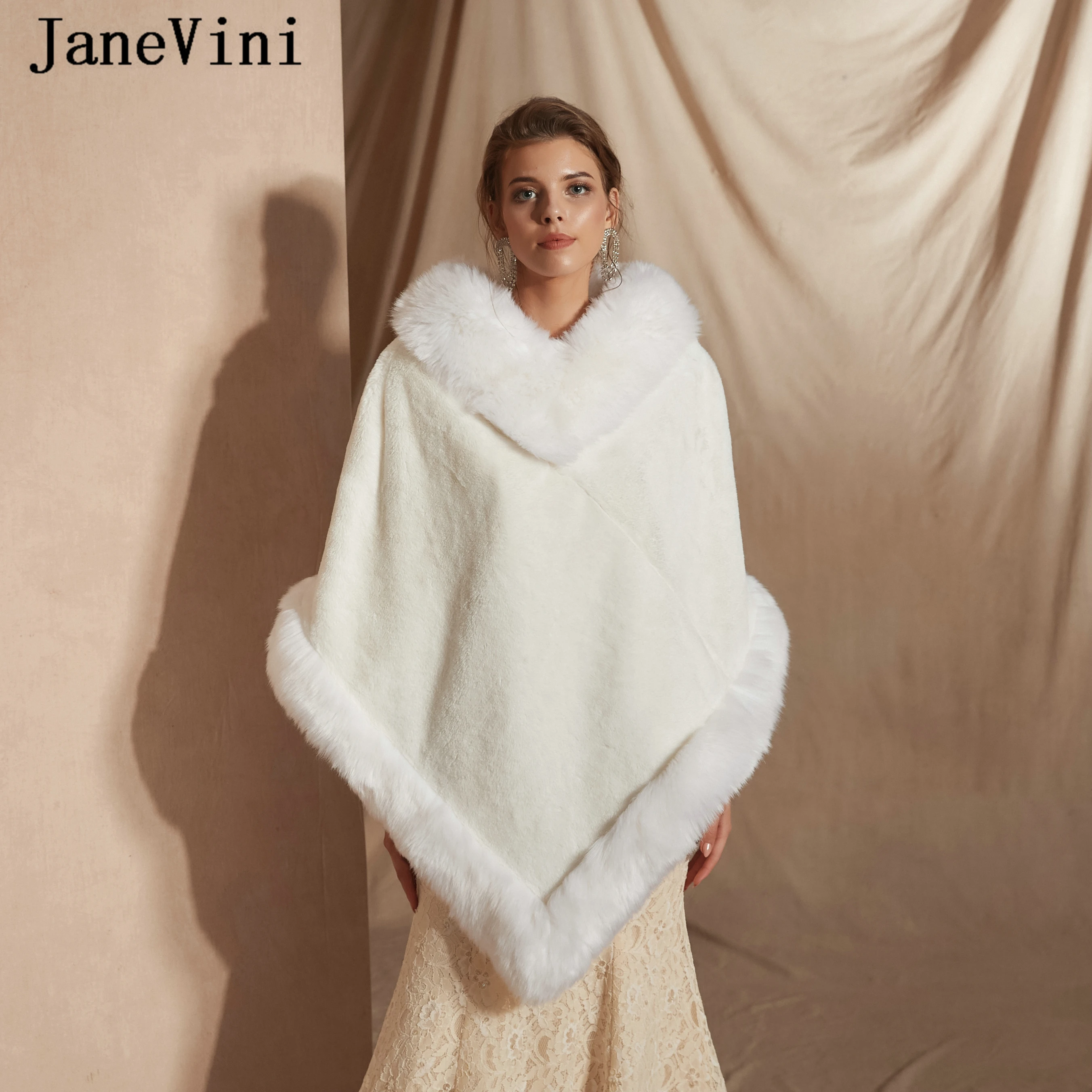 

JaneVini New Elegant Bridal Cloak Bolero Outerwear Women Fau Fur Shawls and Wraps Warm Winter Cape Jackets Wedding Accessories