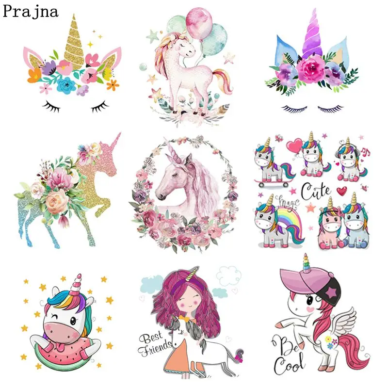 Prajna Unicorn Iron On Cartoon Cute Patch Heat Vinyl Transfers Rainbow Thermal Sticker On Clothing DIY For Kids T-shirt Applique