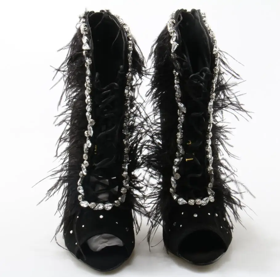 Ladies Summer Feather Cover Bling Rhinestones Decor Ankle Boots Women Lace Up Peep toe Stiletto Heels Crystal Sandals Bottines