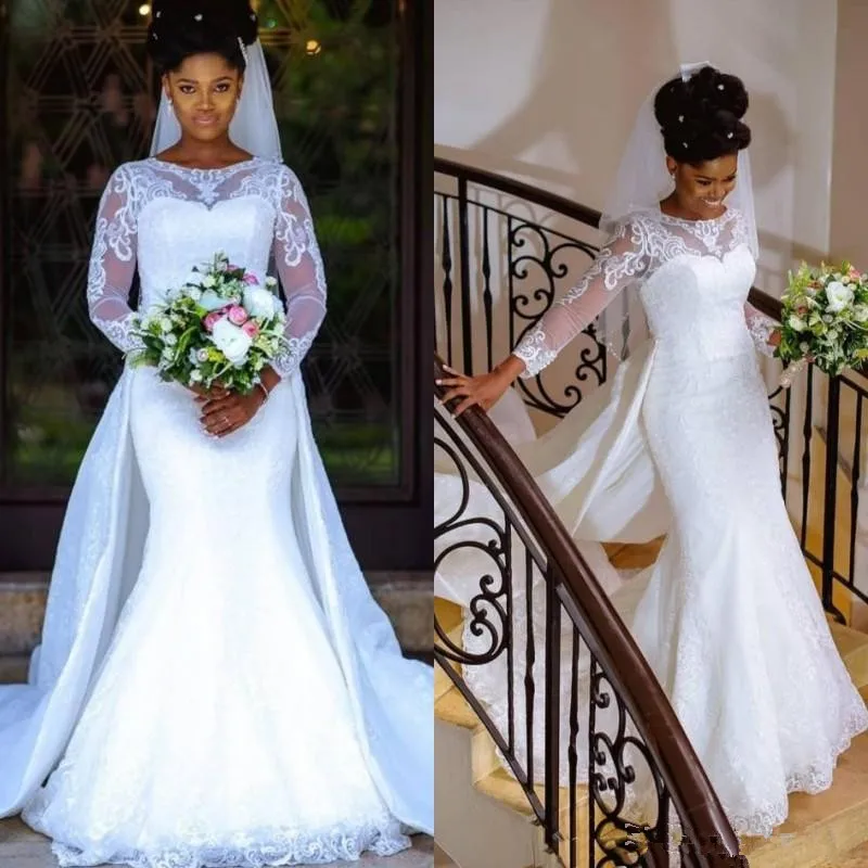 Spring Country Lace Mermaid Wedding Dress with Sleeves Detachable Train Jewel Neck White African Nigerian Lace Bridal Gown 2021