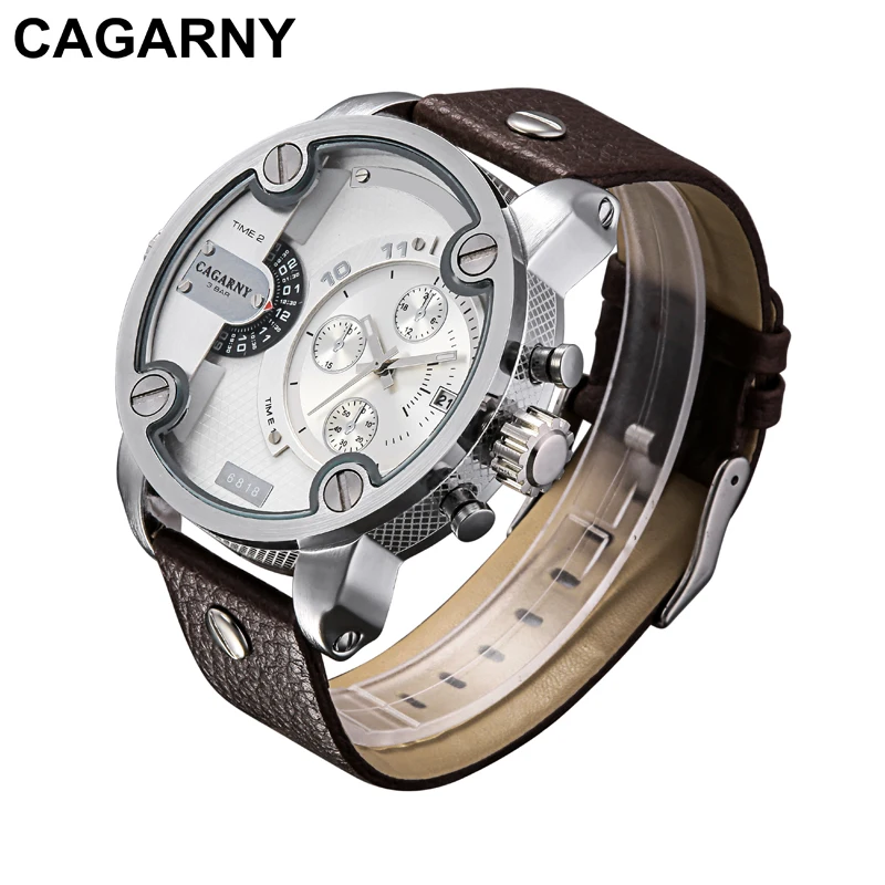 Cagarny Watches Men Luxury Brand Leather Strap Quartz Dual Time Zone Analog Date Men Sports Russian Military Oversize Wristwatch