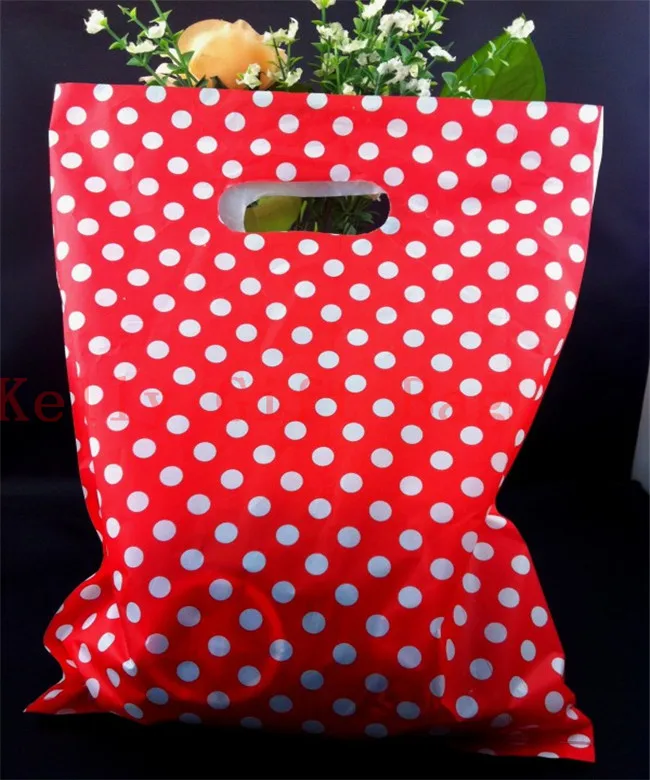 

50pcs/lot 25x35cm White Little Dots Red Plastic Bag Big Gift Bags Favor Clothing Boutique Jewelry Packaging Bags With Handle