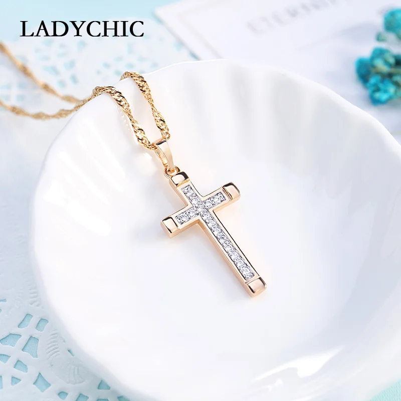 LADYCHIC Hot Sale Gold Color Crystal Cross Pendant Necklaces for Women Fashion Long Chain Zircon Jewelry Accessories LN1062