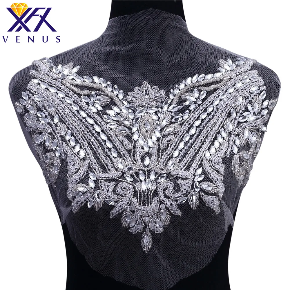 XINFANGXIU(5 pieces) Wholesale wedding dress evening gown rhinestone patches mesh large size crystal beaded applique