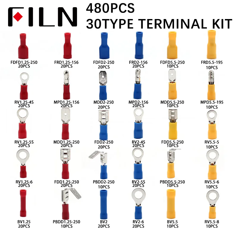 

480pcs/BOX 30types Group Combine Boxed Terminal Cold Pressure Electrical Wire Crimp Kit Insulated Spade Butt Connectors Assorted