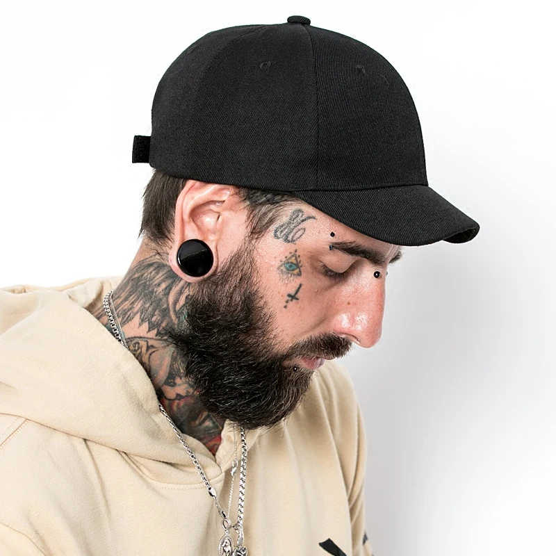 Top Quality Vintage Soft Peaked Cap Adjustable Men Black Cotton Baseball Hat With Short Visor 5cm Solid Color