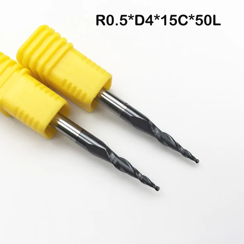 2pcs R0.5*D4*15*50L*2F 4mm tungsten carbide Ball Nose cone type Tapered End Mills cnc milling cutter tools taper router bits