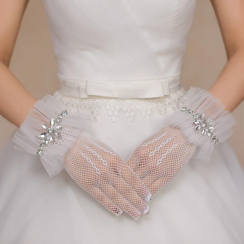 JaneVini-guantes de novia blancos de encaje de alta calidad para mujer, de dedo completo, cortos, de cristal, para boda, longitud de la muñeca, 2018