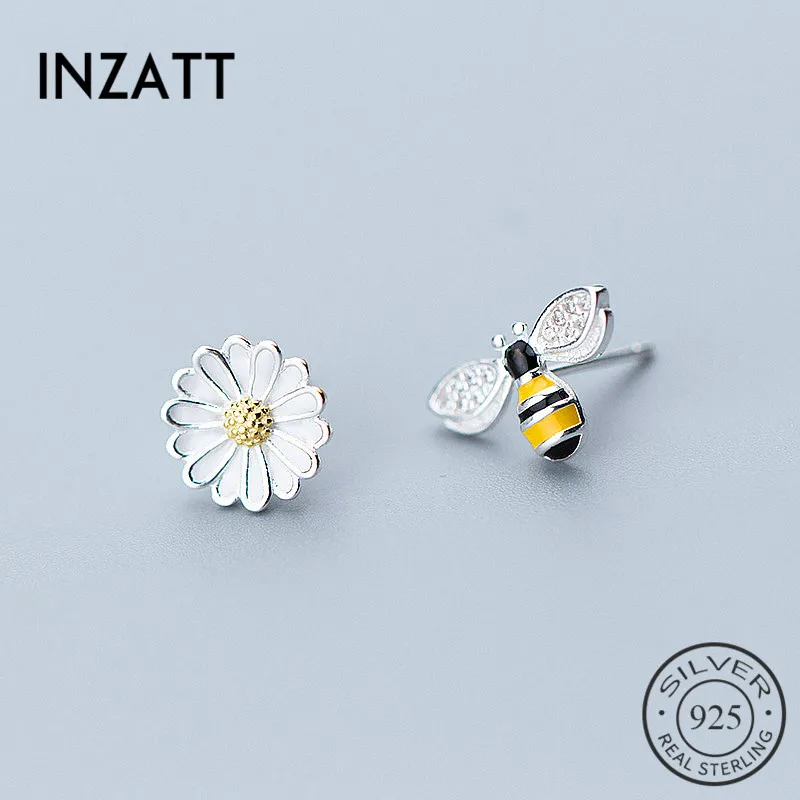 

INZATT Asymmetry Stud Earrings Cute Bee Sun pink Flower Enamel in Summer For Women 925 Sterling Silver Fashion Jewelry 2018 gift