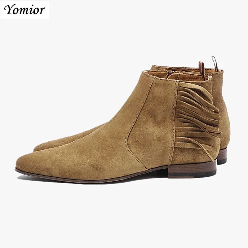 England Vintage Pointed Toe Men Casual Shoes Real Leather Cowhide Ankle Boots Tassel Dress Work Banquet Chelsea Boots Loafers