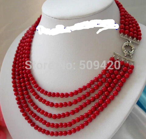 

women Fashion Jewelry Wholesale>>>stunning 5rows 6mm round red crude coral necklace n1005