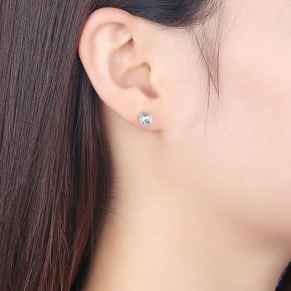 Real 925 Silver Ball Stud Earrings Disco Fancy Stone Original Crystals From Austria Piercing For Women Party Wedding Jewelry