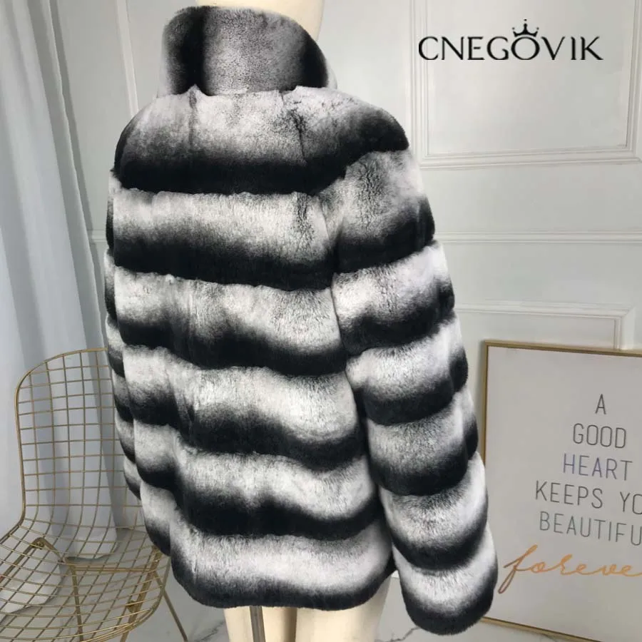 CNEGOVIK New Real Chinchilla Rex Rabbit Fur Coat With hood pattern midum-long style Genuine Rabbit Fur Overcoats Elegant Women