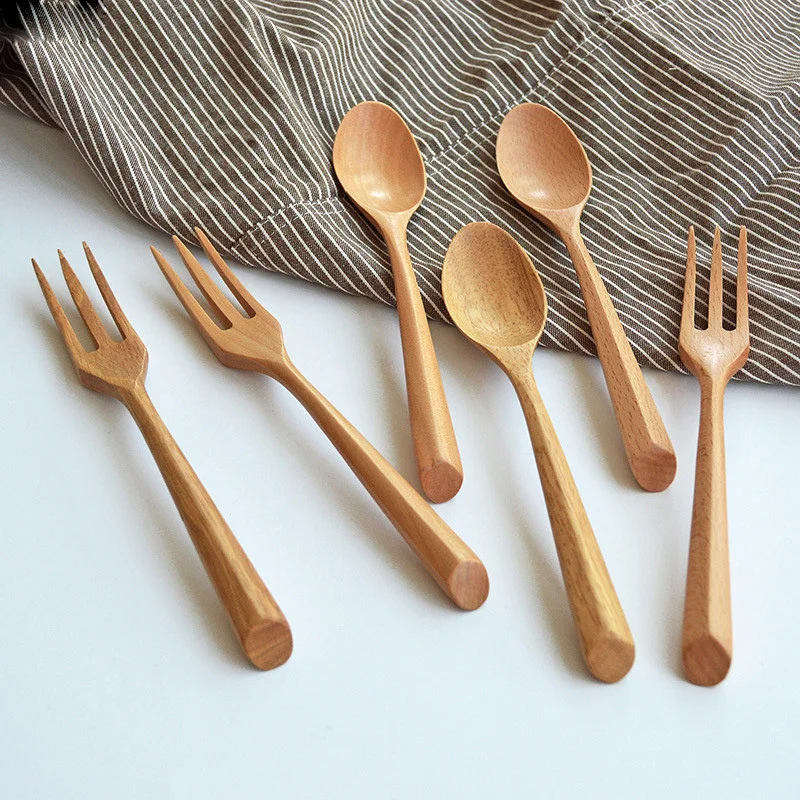 6pcs Creative Natural Wooden Dinnerspoon Fork Tableware Set Serving Fruit Salad Fork Teaspoon Korean Style Cutlery Utensils