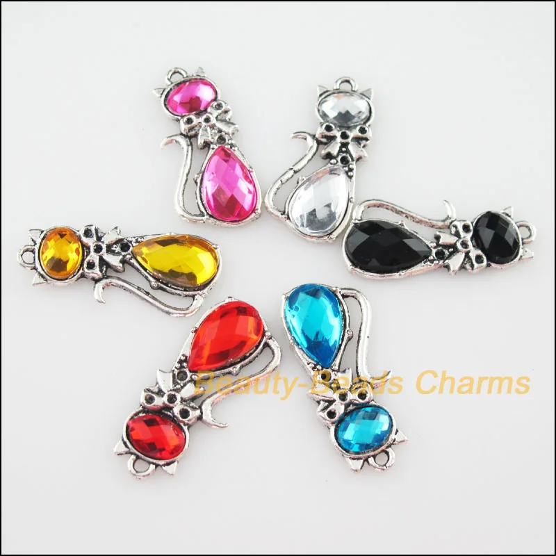 

New 12 New Charms Tibetan Silver Acrylic Plastic Cat Pendants Mixed 12.5x29.5mm