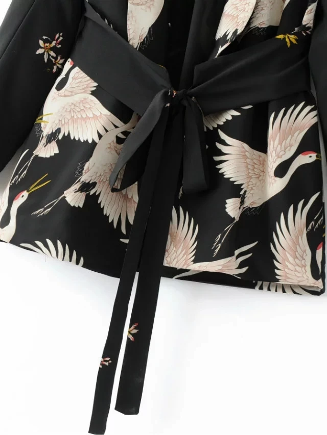 Chaqueta Kimono con cinturón para mujer, Blazer informal con estampado de grulla, Moda de Primavera, novedad de 2022, y078