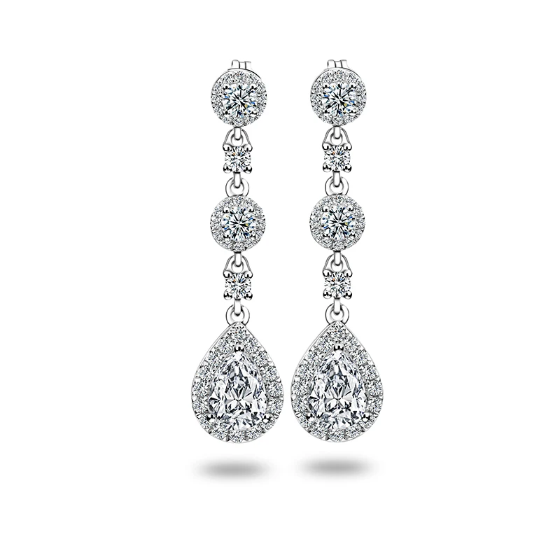 Classic Engagement Party Jewelry 18k White Gold Pear Shape Moissanite Diamond Wedding Long Dangle Earring for Women