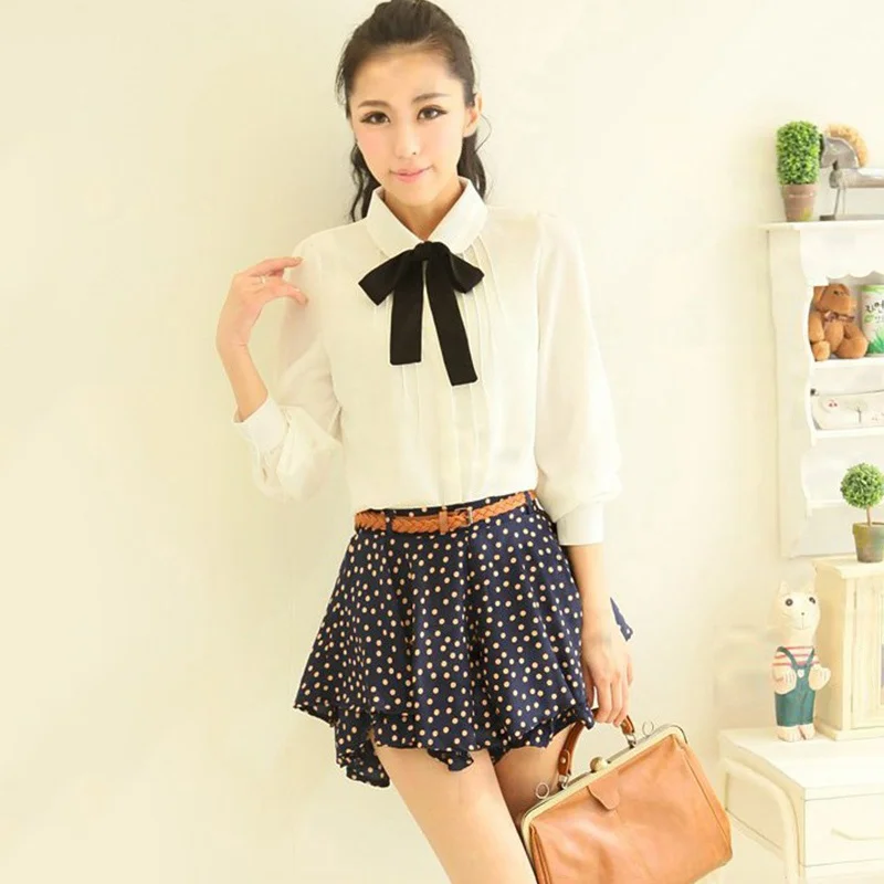 Fashion Female Elegant Bow Tie White Blouses Chiffon Peter Pan Collar Casual Shirt Ladies Blouse