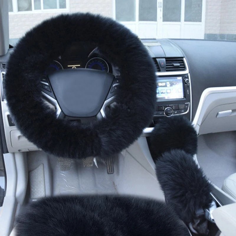 2 Pcs Front Black Sheepskin Fur Seat Cover Cushion + Steering Wheel Cover Set Super Warm Universal Car Seat Cover