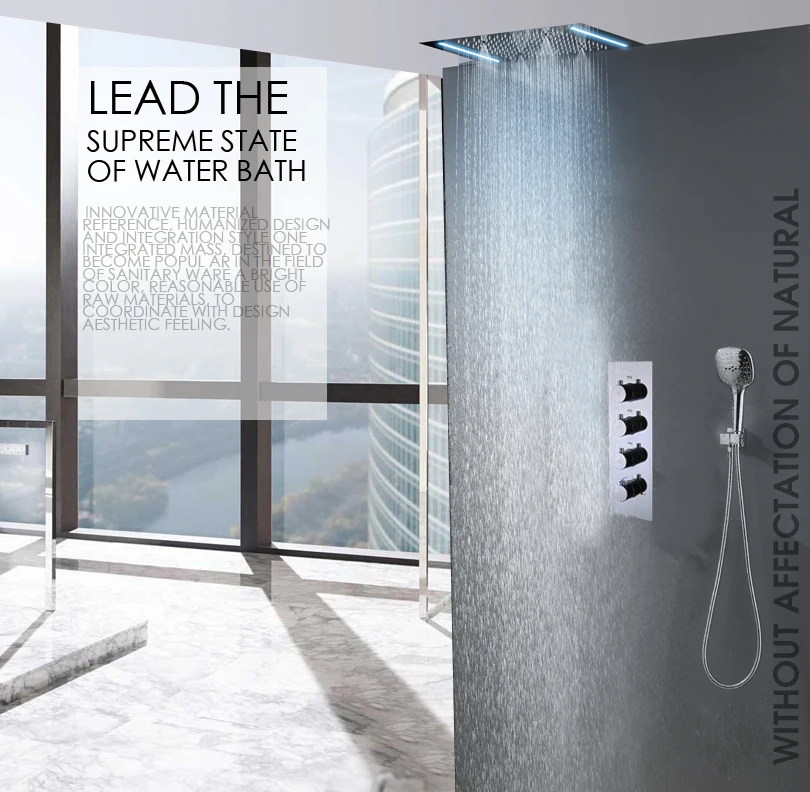 Bathroom Shower Faucet Mixer Set Thermostat Mixing Shower Valve LED Atomizing And Rain Shower Head Functions Hand Shower