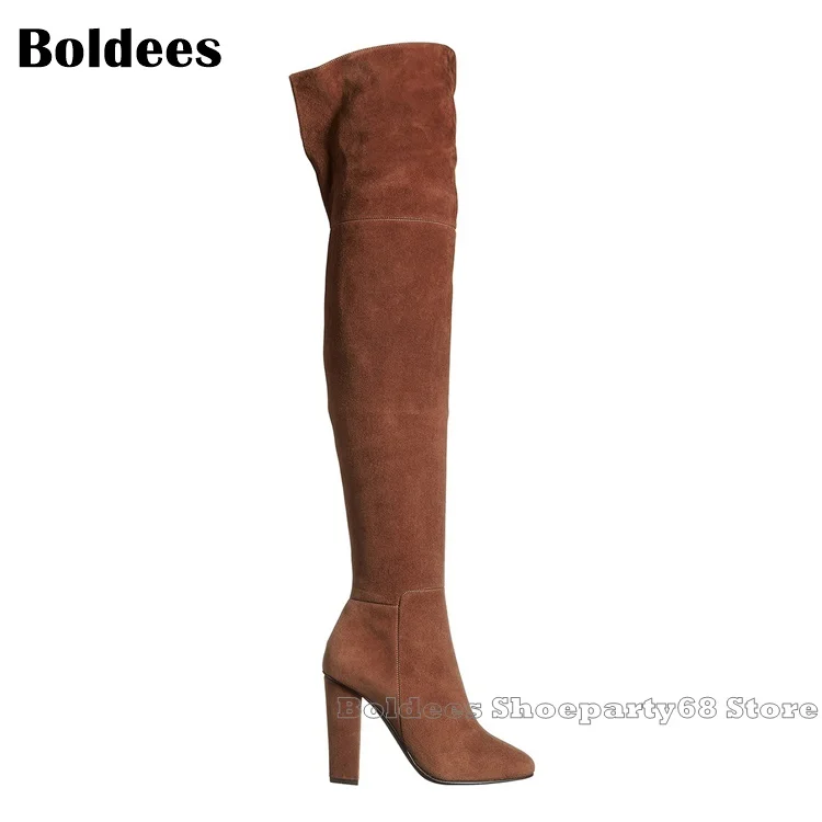 

Elegant Suede Khaki Pointed Over The Knee Boots Women Winter Block Heeled Thigh High Boot Plus size 43
