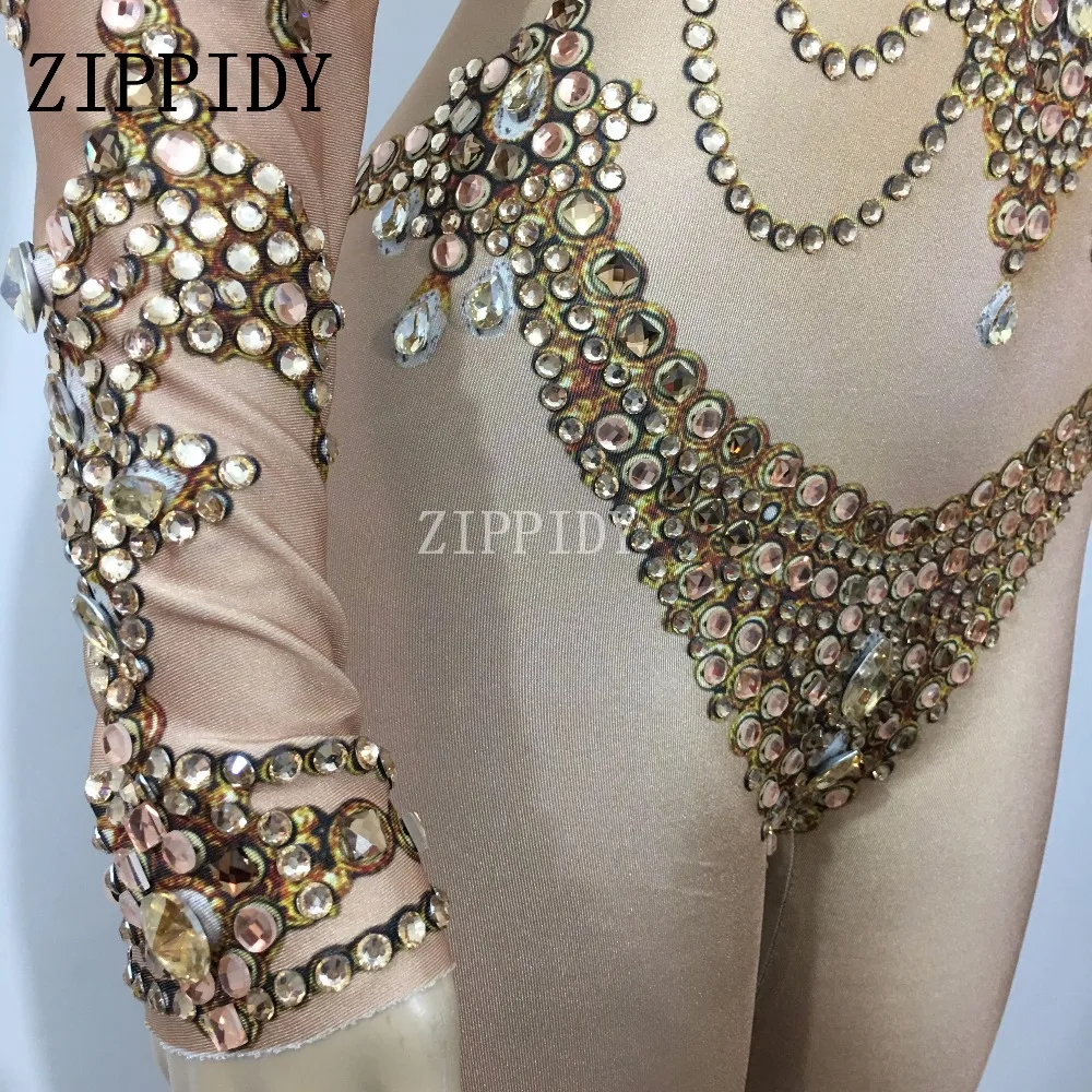 Sexy Gold Steine Nude Overalls Große Stretch Strass Body Nachtclub Frauen Dance Zeigen Prom Party Sexy einteiliges Bühne tragen