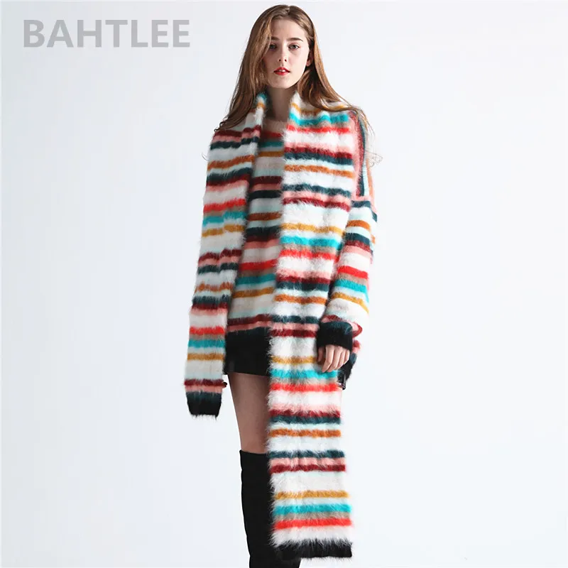 BAHTLEE-Women\'s Angora Rabbit Rainbow Patter Knitted Pullovers, Casual Long Sleeves Sweater, Loose Sweater, Keep Warm, Autumn, W