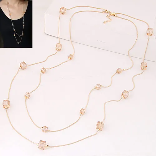 Kymyad Fashion Gold Color Double layer Long Sweater Chain Necklaces For Women Bijoux Cubic Crystal Beads Necklaces & Pendants