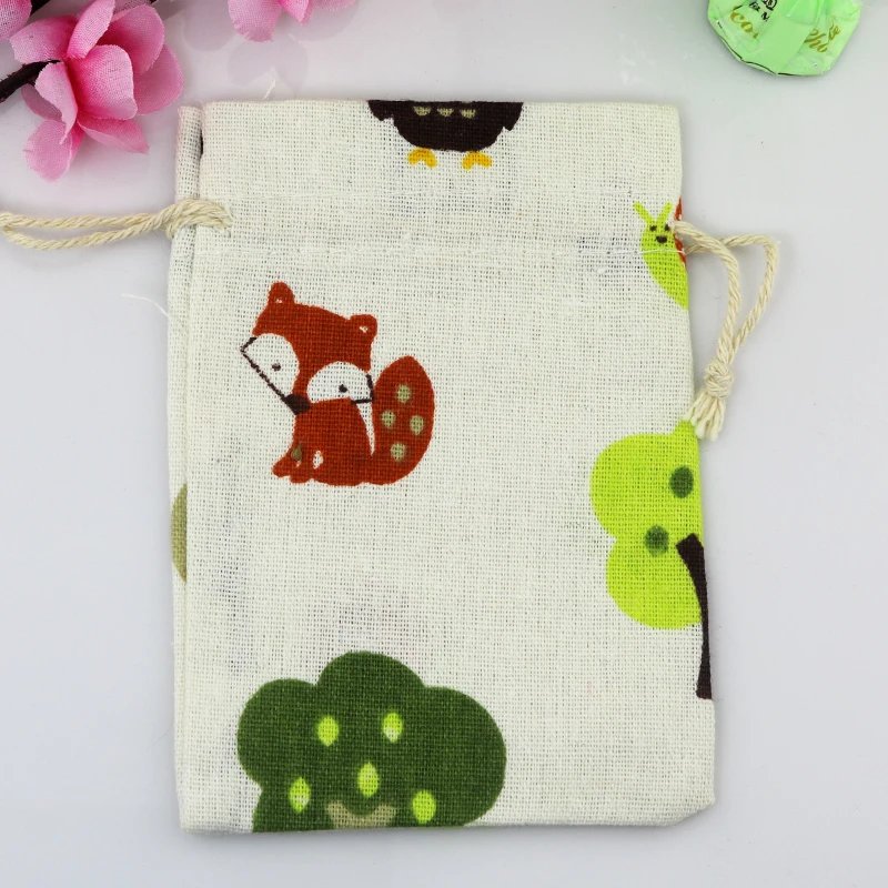 10*14cm 50pcs Fox Pattern Cotton Bags Candy Gift bag Drawable Jewelry Pouch Bag Wedding Favors Charms Bracelet Packaging Bags