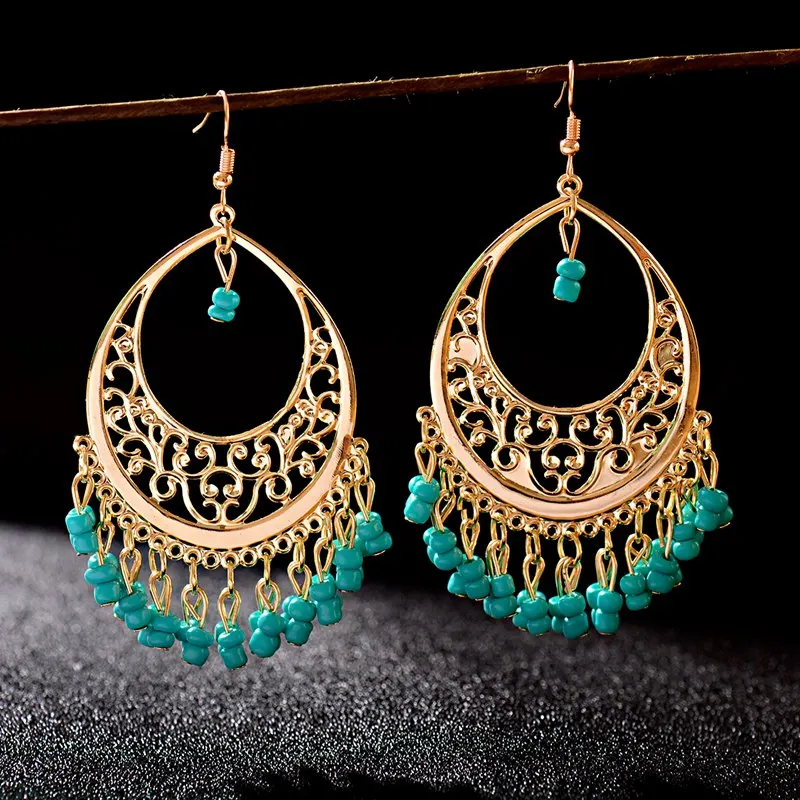 Classic Gold Color Water Drop Carved Flower Dangle Earrings For Women Indian Jewelry Retro Tassel Earrings Jhumka Earrings 2022