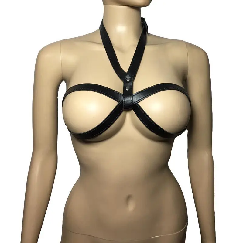 

Sexy Woman Faux Leather Strappy Halter Cupless Bra Top Body Harness Breast Restraint Straps Fetish Role Play Costume