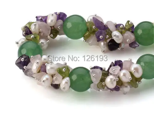 Nice Chunky Natural Freshwater Pearl  Aventurine Stone Necklace Earrings Bracelet Set for Women