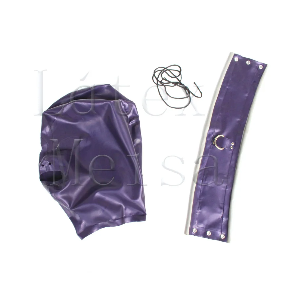 Latex hoods adult rubber masks including neck belt in metallic purple color with back zip