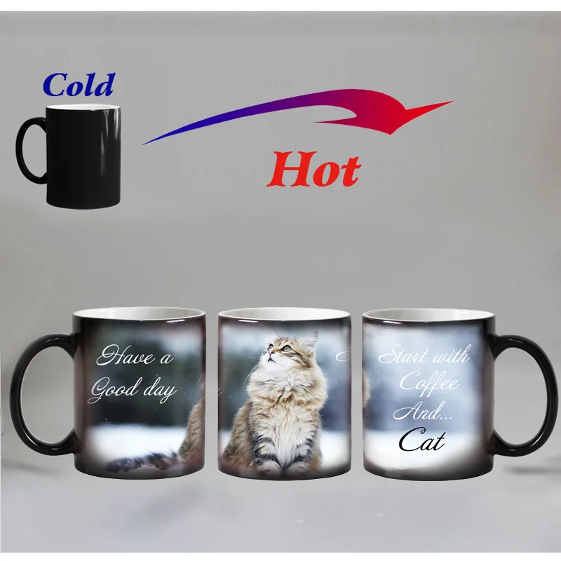 Cat Heat Reveal Coffee Mug, Ceramic Color Changing, Milk Tea Cups, Have a Good Day, Lovely Cat, Surprised Gift for Friends