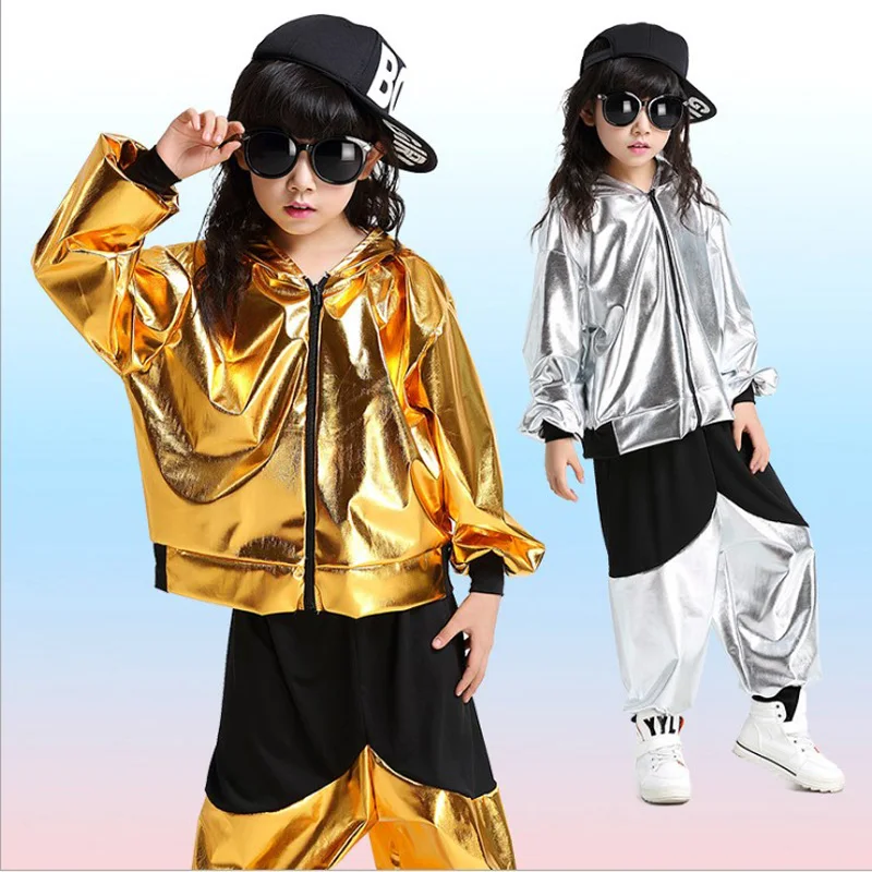 child girl boy performance gold silver Hip hop HIPHOP Jazz modern Ballroom break dance suit costume hooded costumes Pants adult