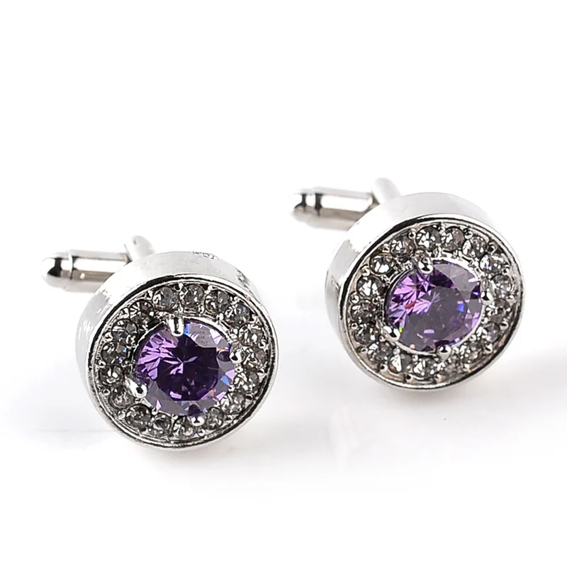 Luxury High-grade jewelry Men\'s White Purple Enamel Crystal Cufflinks Round Wedding Party Cufflink French shirt Cuff Buttons