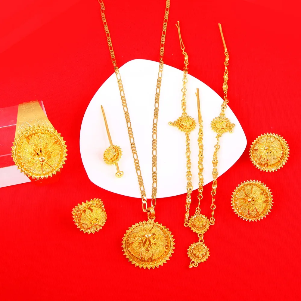 Big Size Jewelry Sets For Ethiopian Gold Color Women Jewelry Hair Chain Hair Stick Pendant Bangle Earrings Ring